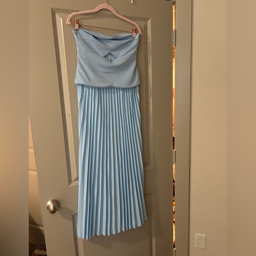 Strapless Pleated Midi Dress in Light Blue